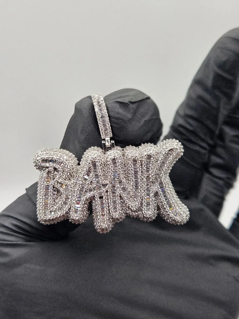 Iced Out BANK Pendant Baguette CZ Silver Filled 25g 10.3mm Bail
